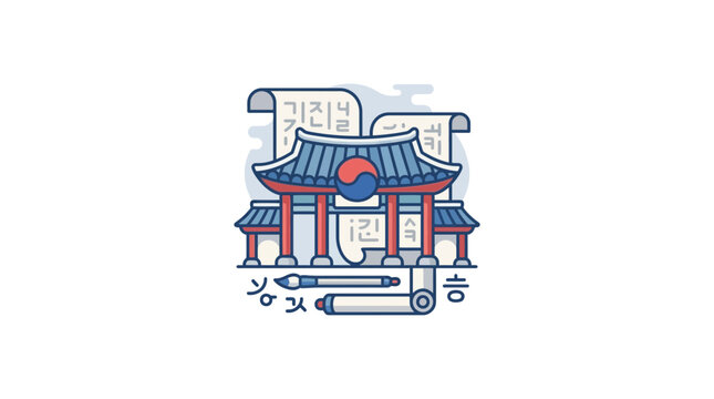 Traditional Korean Architecture with Decorative Scroll and Hangul Manuscript