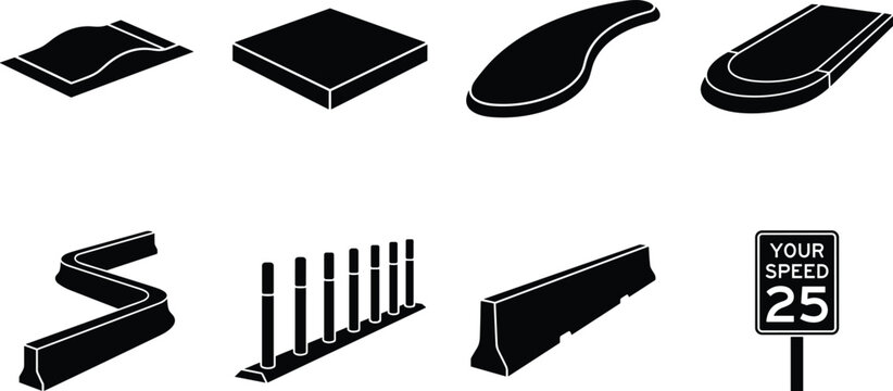 Road Safety Infrastructure Glyph Icon Set with Speed Bump Traffic Island Barriers Delineators and Speed Sign