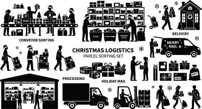 Christmas logistics and parcel sorting set illustration
