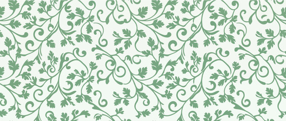 Fototapeta premium Seamless floral pattern with green leaves and scrolls on white background
