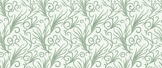 Fototapeta premium Seamless botanical pattern with green grass and swirls on light background
