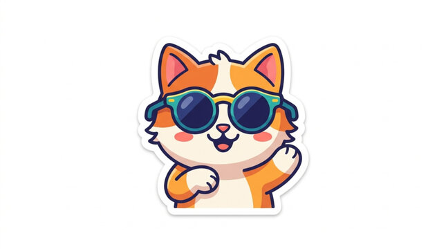 Cute cartoon cat wearing sunglasses waving hello.