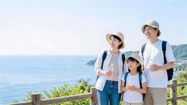 海を見ながら水分補給する日本人家族の夏レジャー