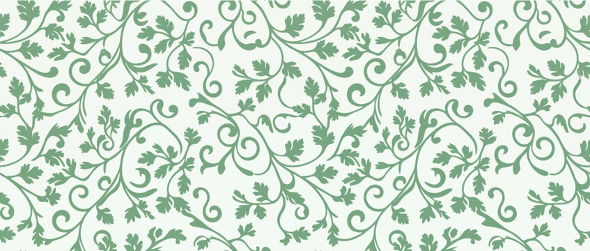 Seamless floral pattern with green leaves and scrolls on white background