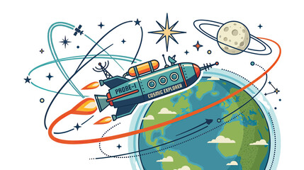 Retro space rocket exploring Earth orbit, planets, stars, and satellites illustration © anis