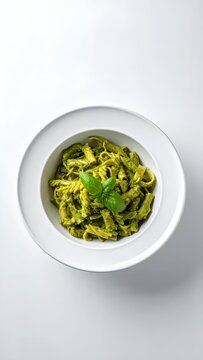Top view of delicious Italian Gemelli pasta with fresh green pesto sauce and basil leaf on white bowl
