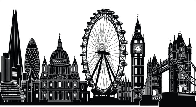 London skyline silhouette with iconic landmarks during daylight against a white background for graphic design