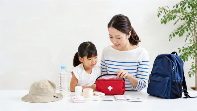 親子で救急セットを確認する夏レジャー準備