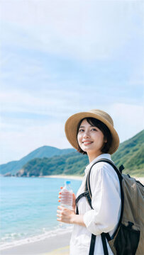 海辺で水筒を持って歩く日本人女性の夏レジャー