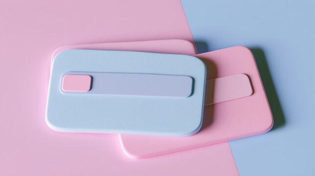 Two overlapping bank cards in pastel blue and pink rest on a softly colored surface creating a simple design with soft shadows
