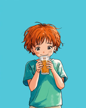 麦茶をごくごく飲む子ども 熱中症対策 アニメ風イラスト