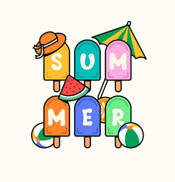 Colorful summer typography made from popsicles with beach accessories and tropical fruits. Perfect for vacation, seasonal promotions, greeting cards, and fun summer designs.