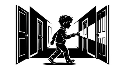 Child with flashlight exploring hallway with multiple doors