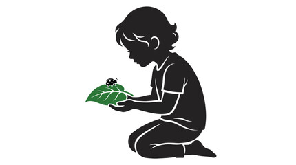 Child silhouette observing ladybug on leaf, curiosity, nature discovery, childhood innocence © Funkstripe