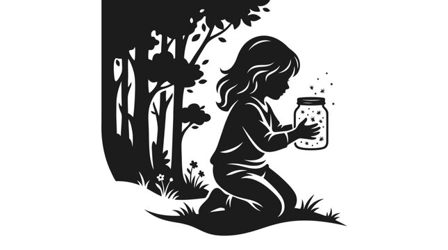 Child silhouette catching fireflies in a jar at dusk in forest clearing