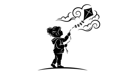 Silhouette of a girl flying a kite with clouds, black and white illustration