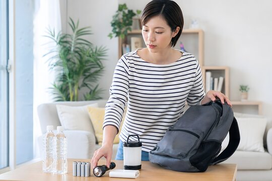 防災リュック・備蓄品を点検する女性
