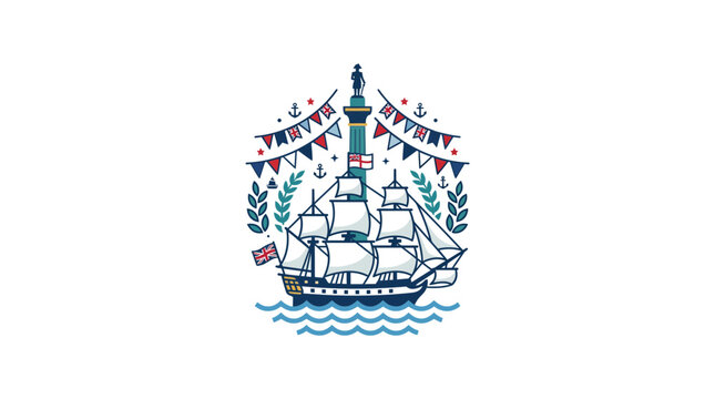 Vintage Sailing Ship Illustration with Nautical Flags and Waves