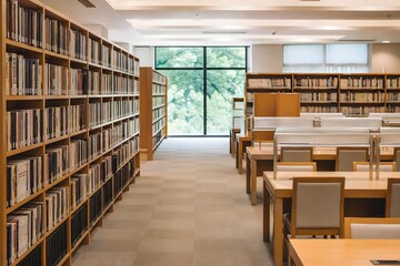 Obraz premium 無人の図書館の書架と閲覧席