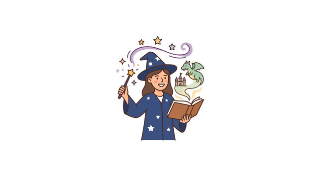 Young Wizard Casting Magic Spell with Wand and Book Illustration