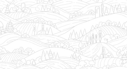 Fototapeta premium Black and white landscape line art.