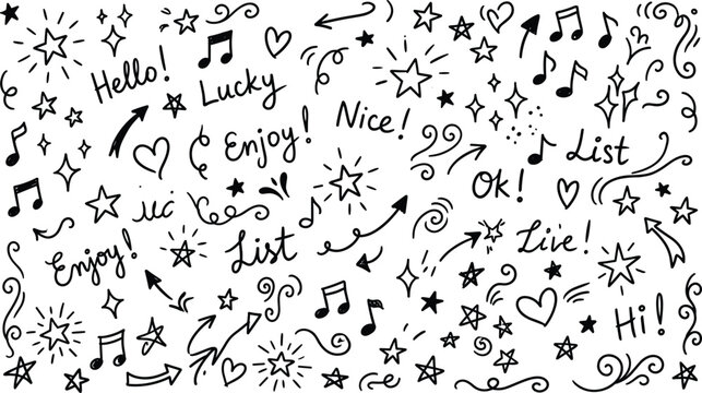 Hand drawn doodle element set featuring cute stars hearts arrows music notes text words sparkles and decorative curly swirls.