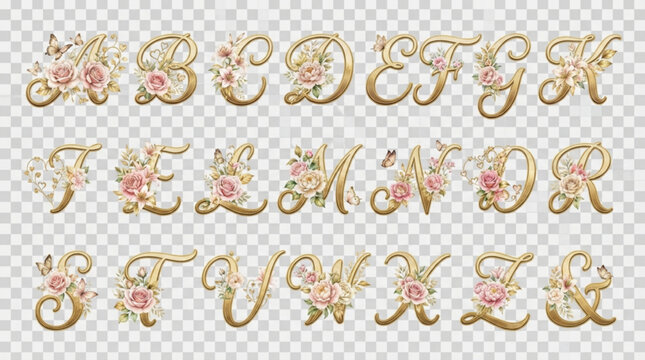 Elegant gold alphabet collection decorated with soft pastel flowers and butterflies for sophisticated wedding stationery with fluttering butterflies transparent