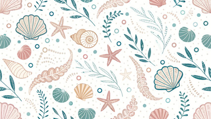Naklejka premium Seamless vector pattern featuring coastal shells seaweed starfish and floral motifs in soft pastel palette with wallpaper