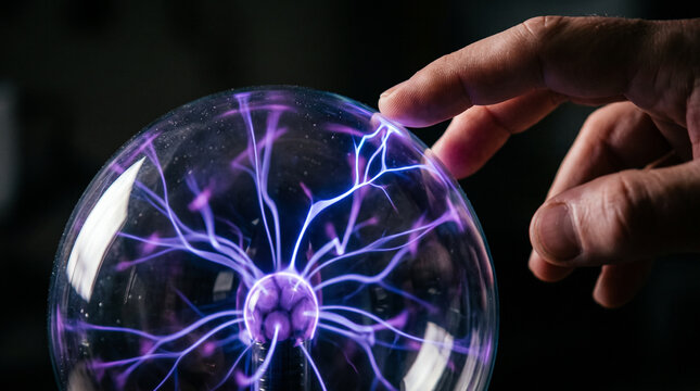 Young female scientist conducting experiment with high voltage plasma sphere ball in a dark physics laboratory.