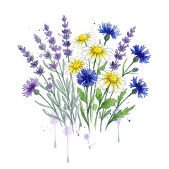Obraz premium Beautiful watercolor botanical illustration of lavender cornflowers and daisies bouquet.