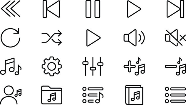 Media player interface line icon set featuring play pause skip volume mute shuffle repeat and music playlist outline vector elements.