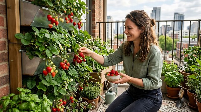 A smiling woman harvests fresh, ripe strawberries from a vertical wall garden on her city balcony, showcasing sustainable urban farming, homegrown fruit, and modern apartment living.