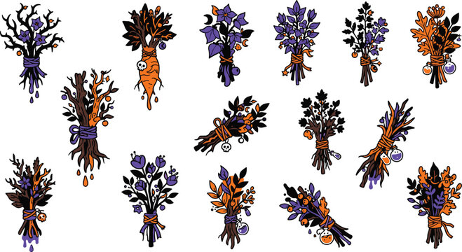 Halloween botanical bouquet collection bundle with cute spooky purple orange black herbs branches dried flowers and lavender bundles isolated on white