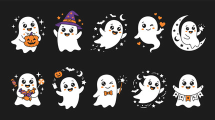 Fototapeta premium Cartoon ghosts in various poses.. Set of 10 cute funny ghost icons, Halloween vector illustration