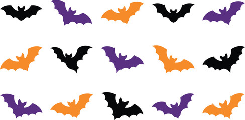 Fototapeta premium Halloween flying bats vector silhouettes collection bundle with black purple and orange spooky creatures isolated on white background for seasonal decoration