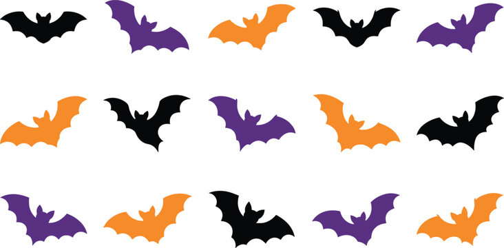Halloween flying bats vector silhouettes collection bundle with black purple and orange spooky creatures isolated on white background for seasonal decoration