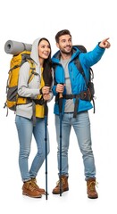 Fototapeta premium Happy couple of hikers with backpacks and trekking poles standing isolated