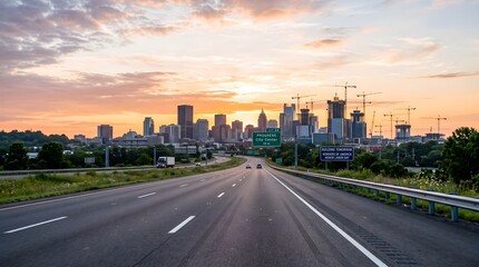 Obraz premium Labor day roadway scene at sunset with city skyline and highway signs