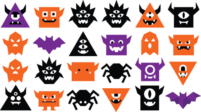 Halloween geometric monsters and spooky low poly cartoon creatures vector icon bundle with purple orange black characters isolated on white background