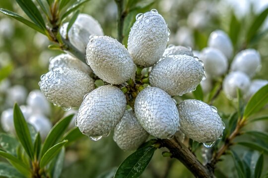 Close-up of silver-white oval berries with metallic scales and morning dew on a branch.