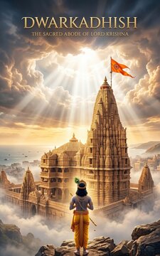 Celestial Light Over Dwarkadhish Temple with Lord Krishna