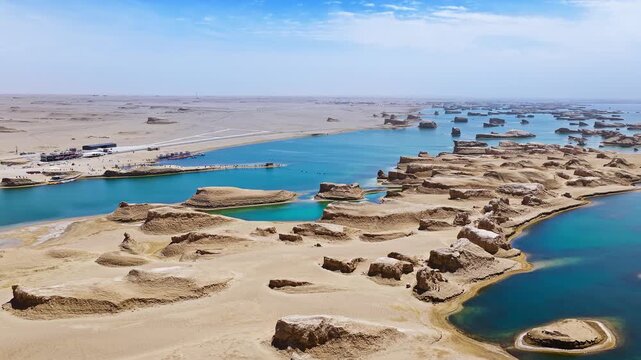 Aerial view of water yardang landforms in a turquoise lake in Qinghai, China