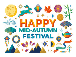 Mid-autumn festival greeting with geometric rabbit and moon icons © Level Zero