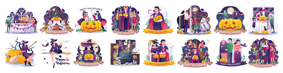 Naklejka premium Halloween Witch and Pumpkin Flat Icon Set, Spooky Holiday Cartoon Vector Collection