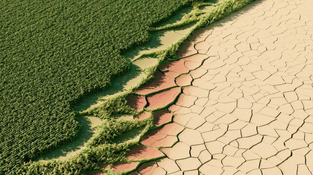 Climate Change Impact on Agriculture Showing Healthy Crops Beside Cracked Drought Soil Aerial View