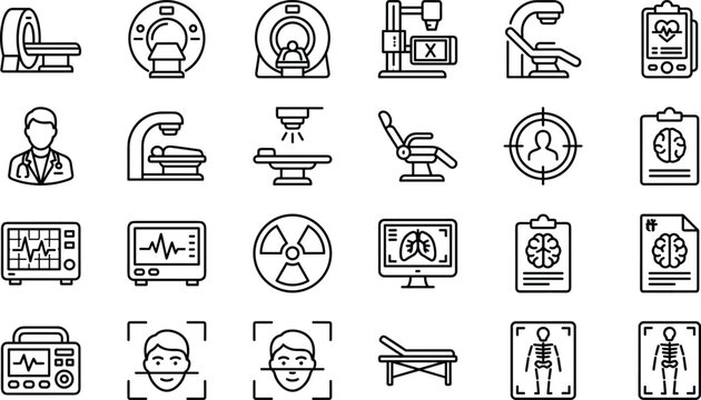 Medical imaging and radiology icon set with outline symbols for mri ct scan x-ray diagnostic laboratory healthcare clinic vector design