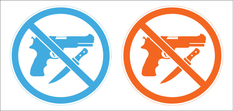 No guns and weapons allowed icons with firearm prohibition signs, weapon restriction symbols, security warning graphics, and public safety notices, vector, designs