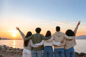 Fototapeta premium Diverse Group of Friends Watching Sunset on Beach Together, International Day of Friendship Concept with Copy Space