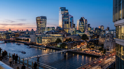Fototapeta premium Spectacular wide angle view of modern futuristic skyscrapers in a business district at twilight evening.