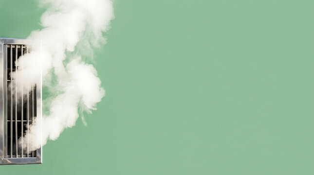 White steam blowing out of a metal ventilation grate against a plain green background